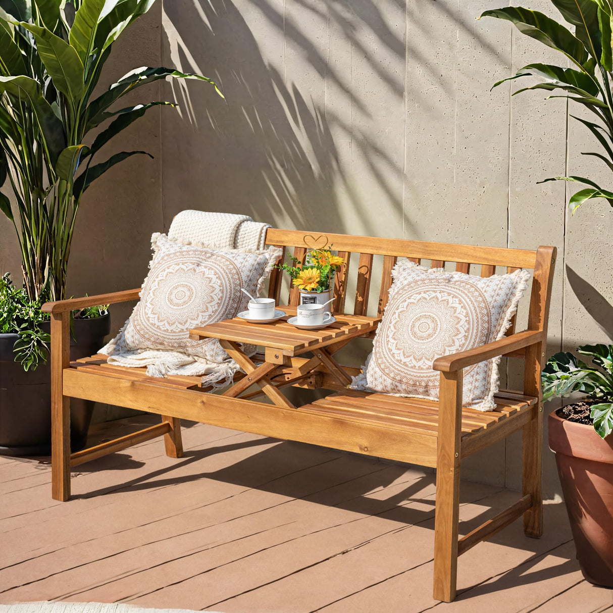 Greesum Outdoor Bench 2-Person Acacia Garden Chair Patio Porch Furniture with Foldable Small Table Plate for Deck, Yard, Balcony, Natural Greesum