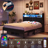 Etditrnp King Size Black Bed Frame with 2 Storage Drawers and Charging Station, Upholstered Bed Frame with PU Leather Headboard LED Lights, Metal Slats Support, No Box Spring Needed, Noise Free Etditrnp