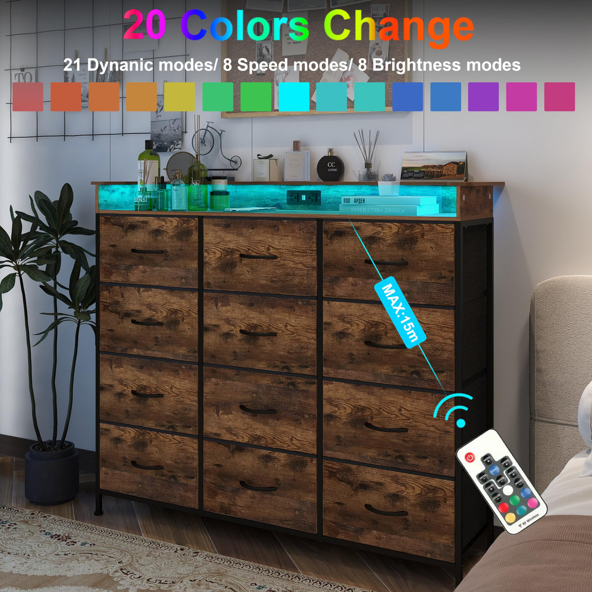 Welfuturer Dresser for Bedroom with 12 Drawers Clothes Dresser with Charging Station and LED Light Fabric Storage Tower for Living Room Hallway Closet Sturdy Steel Frame Wooden Top Rustic Brown Welfuturer