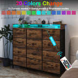 Welfuturer Dresser for Bedroom with 12 Drawers Clothes Dresser with Charging Station and LED Light Fabric Storage Tower for Living Room Hallway Closet Sturdy Steel Frame Wooden Top Rustic Brown Welfuturer