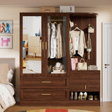 PAKASEPT 2 Doors Armoire Wardrobe Closet with Mirror,71'' Tall Freestanding Wooden Wardrobe Closet Farmhouse Storage Cabinet for Bedroom with Hanging Rod,Clothes Hook,Drawers,Hidden Bench,Retro Brown PAKASEPT