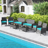 Tangkula 8 Pieces Patio Rattan Conversation Set, Outdoor Wicker Furniture Set with Cushioned Chair, Loveseat & Tempered Glass Table, Outside Sectional Sofa Set for Backyard (G-Turquoise,2) Tangkula