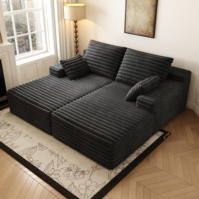 80” Oversized Double Lounge Chaise,Cloud Plush Sofa Bed,Upholstered Boneless Cloud Sofa Deep Seat,No Assembly Required,Modern Corduroy Sleeper Loveseat Chair for Living Room Bedroom Reading,Black