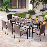 PHI VILLA 9 Pieces Outdoor Dining Set for 8, Large Rectangle Wrought Iron Table with Umbrella Hole & Cushioned Wicker Chairs, Dining Furniture for Patio, Deck, Yard, Porch PHI VILLA