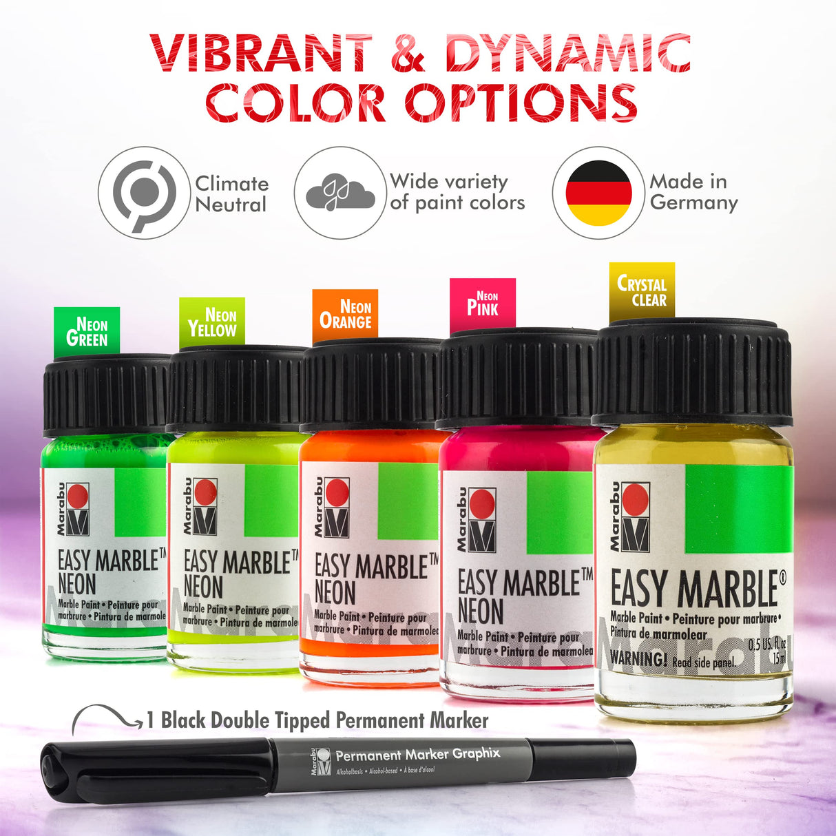 Marabu Easy Marble Paint Set - Neon Colors Starter Set - Marbling Paint Kit for Kids and Adults - Hydro Dipping Paint for Tumblers, Ceramic, Paper, Glass, Plastic - 5 x 15ml Bottles Marabu