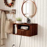 Veegle Floating Nightstand with Charging Station and LED Lights, Walnut Brown Veegle