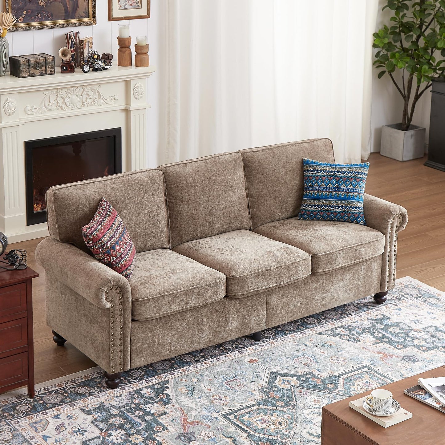 Sivoey 81.5" 3 Seat Sofa Couch, Rolled Arm Sofas with Nailhead Trim, Chenille Upholstered Deep Seat Couch, 3 Seat Cushions, Comfy Brown Couches for Living Room, Bedroom, Office, Apartment