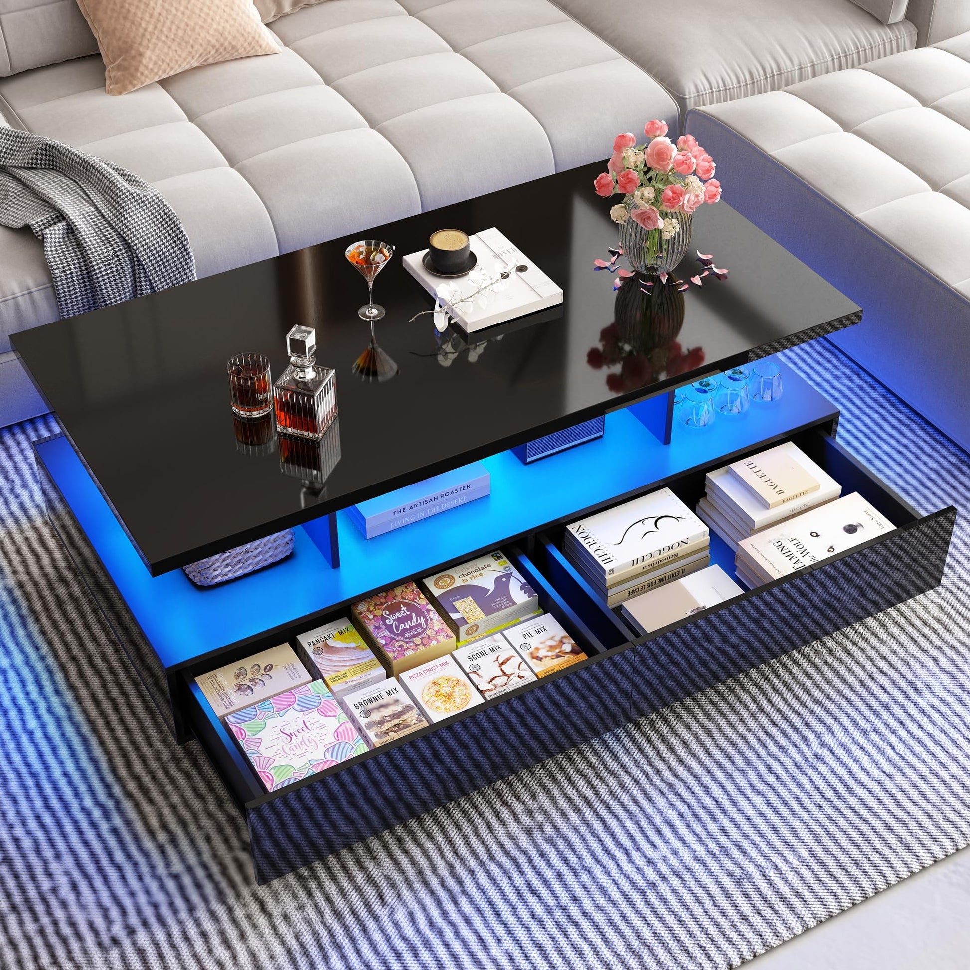 jiteentarou LED Coffee Table w/ 2 Storage Drawers,App Control,High Glossy Modern Black Coffee Table w/60,000-Color Lights,Rectangle 2-Tier Center Table w/Display Shelf for Living Room - WoodArtSupply