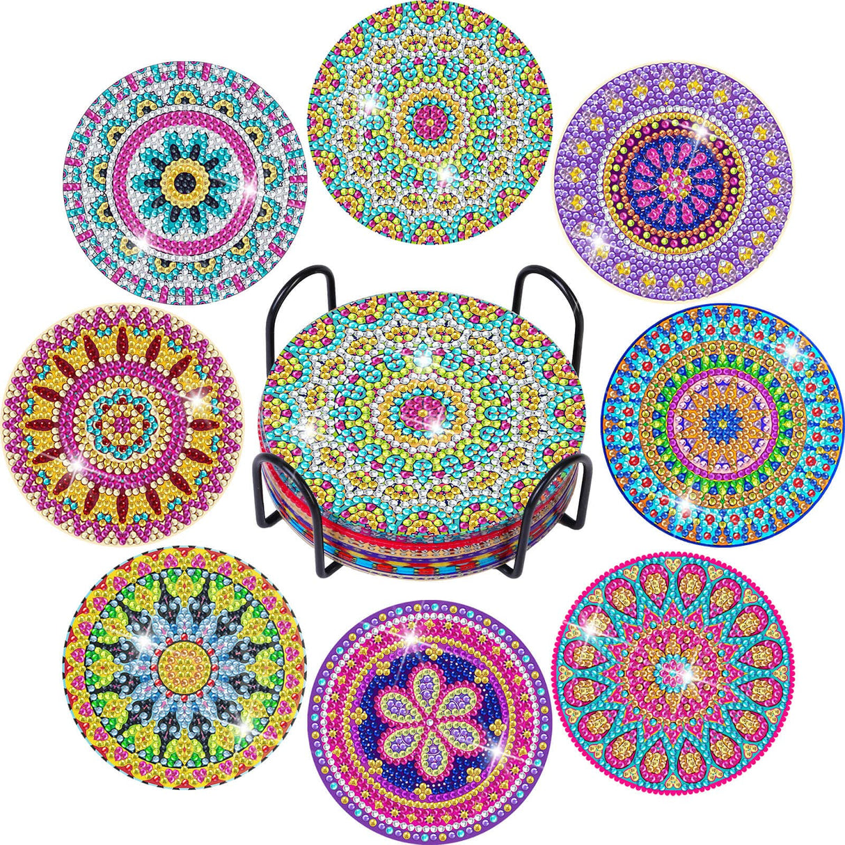 Billbotk Diamond Painting Coasters Kit, 8 Pieces Mandala Diamond Art Coasters with Holder, DIY Diamond Mandala Coasters for Beginners Billbotk