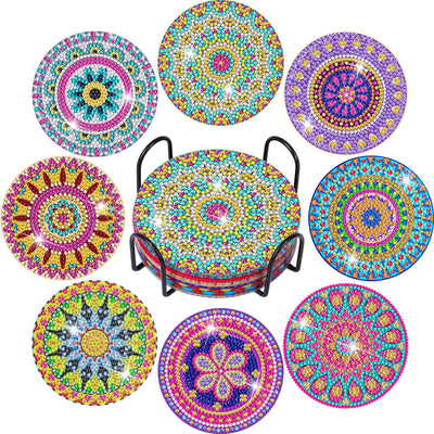 Billbotk Diamond Painting Coasters Kit, 8 Pieces Mandala Diamond Art Coasters with Holder, DIY Diamond Mandala Coasters for Beginners