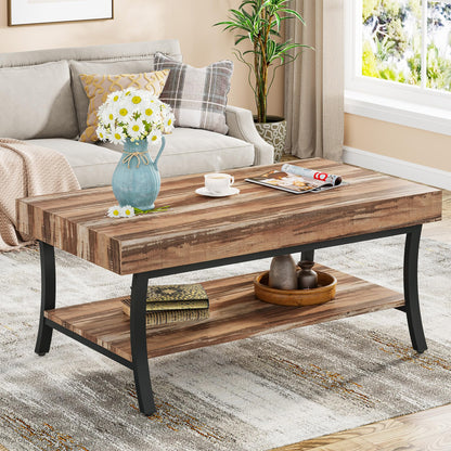 Tribesigns Farmhouse Coffee Table with Storage, 2-Tier Rustic Living Room Table Industrial Center Table Wooden Low Rectangle Cocktail Tea Table, Oak & Black - WoodArtSupply