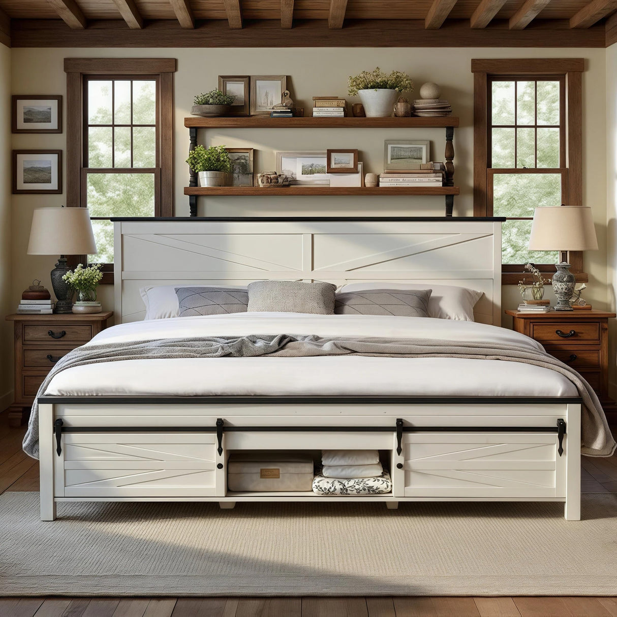 XIASLO Farmhouse Queen Bed Frame with Headboard, Sliding Barn Door Storage Cabinets, Sturdy Wood Slats Support, No Box Spring Needed, Noisy Free, Easy Assembly, White Oak XIASLO