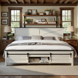 XIASLO Farmhouse Queen Bed Frame with Headboard, Sliding Barn Door Storage Cabinets, Sturdy Wood Slats Support, No Box Spring Needed, Noisy Free, Easy Assembly, White Oak XIASLO