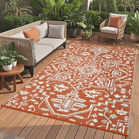 8x10 Large Outdoor Rug for Patio Rugs Waterproof, Reversible Plastic Straw Rug Medallion Pattern, Vintage Camping Rug, Foldable Lightweight Carpet for RV, Porch, Deck, Backyard, Balcony(Brick Color) GarveeHome