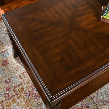 MODERION Solid Wood Coffee Table with Storage Shelf, Mid-Century Living Room Table with Wood Carved Tabletop and Leg, 43.3” Splicing Cocktail Center Table,Easy Assembly, Cherry Brown KFZ-DR20 - WoodArtSupply