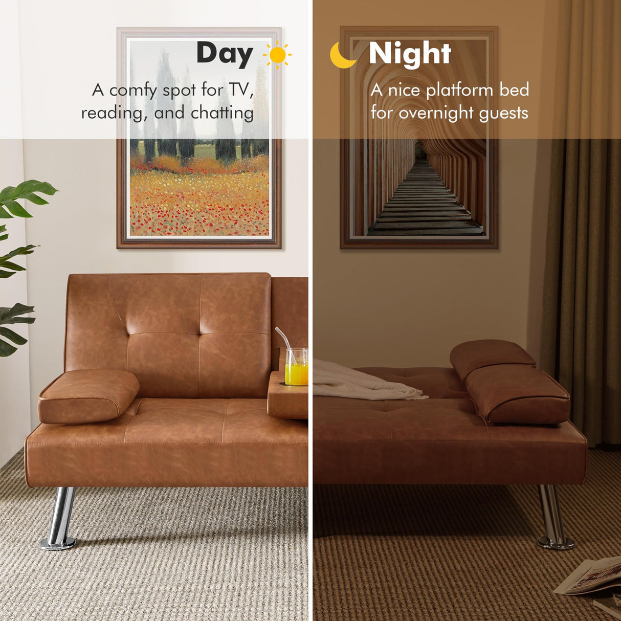 Yaheetech Convertible Sofa Bed Adjustable Couch Sleeper Modern Faux Leather Home Recliner Reversible Loveseat Folding Daybed Guest Bed, Removable Armrests, Cup Holders, 3 Angles, 772lb Capacity, Brown Yaheetech