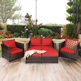 Tangkula 5 Pieces Patio Furniture Set, Outdoor Rattan Sofa Set w/Removable Cushions, Wicker Loveseat w/Single Sofa and Ottoman, Sectional Sofa Conversation Set for Backyard, Garden, Poolside (Red) Tangkula
