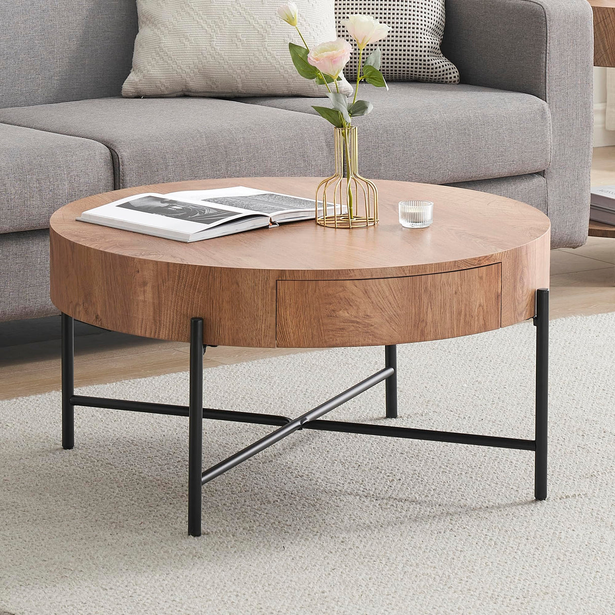 GarveeHome Round Coffee Table with Drawers Circle Living Room Table Wood Accent Coffee Table with Storage White Center Table (Natural) GarveeHome