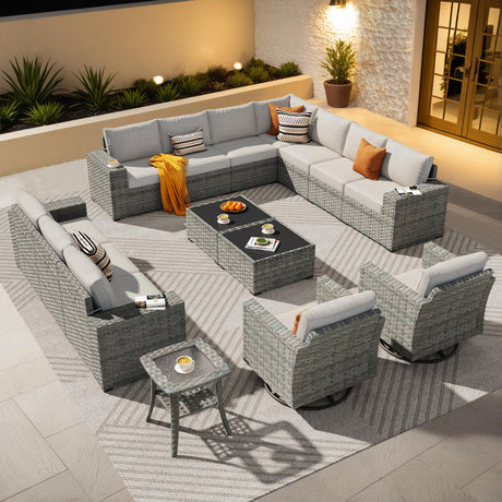 ovios 15 Pieces Patio Furniture Set, Outdoor Wicker Sectional Sofa with Swivel Chairs Coffee Table, Modern Modular Deep Seat Rattan Couch Conversation Sets, Beige ovios