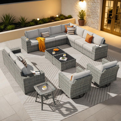 ovios 15 Pieces Patio Furniture Set, Outdoor Wicker Sectional Sofa with Swivel Chairs Coffee Table, Modern Modular Deep Seat Rattan Couch Conversation Sets, Beige