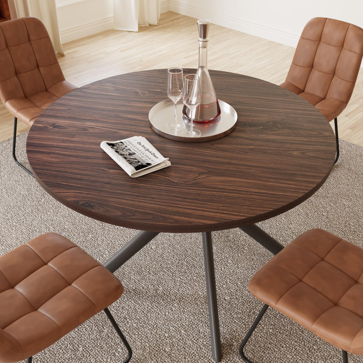HIPIHOM 45.3 Inch Round Dining Table Set for 4, Mid Century Modern Small Coffee Set for Dining Room Kitchen Apartment (Dark Walnut Table + 4 U-Shaped Brown Chairs) HIPIHOM