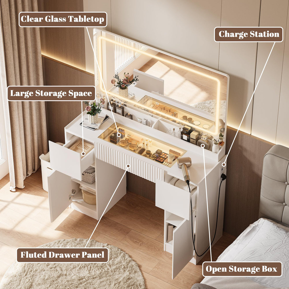 44" Vanity Desk with Large Mirror and Lights, Modern Glass Top Makeup Vanity Set with Power Outlet, 3 Drawers and 2 Cabinet, 3 Lighting Color Adjustable Dressing Table for Bedroom,Pure White INNOD