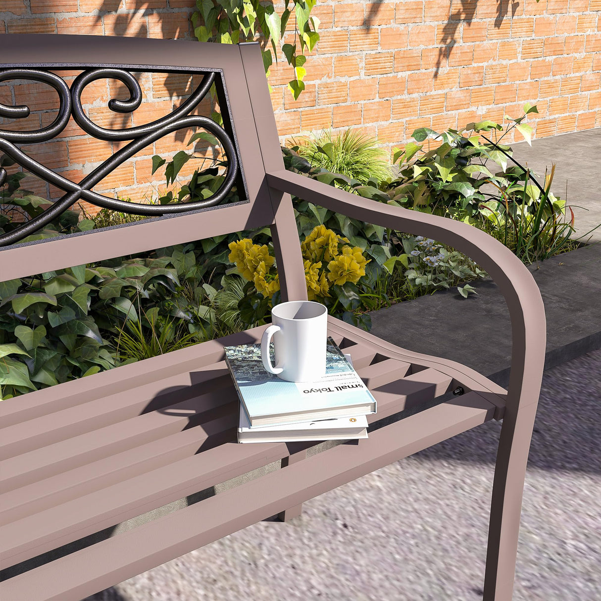 Outsunny 50" Outdoor Bench, Metal Garden Bench with Floral Pattern Backrest, Porch Bench with Slatted Seat for Park, Yard, Lawn, Brown Outsunny