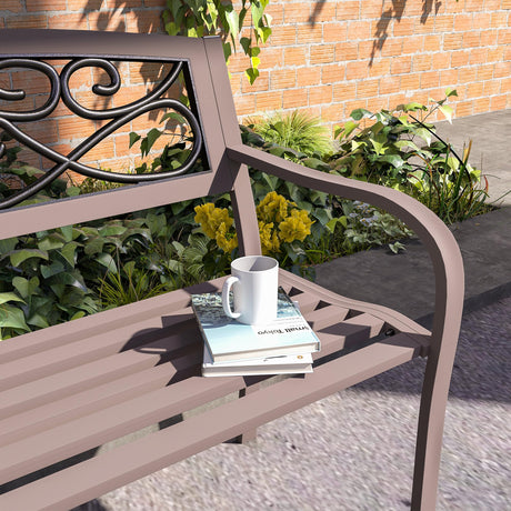 Outsunny 50" Outdoor Bench, Metal Garden Bench with Floral Pattern Backrest, Porch Bench with Slatted Seat for Park, Yard, Lawn, Brown Outsunny