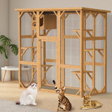 Decomax Catio Cat House Cage Enclosure, Outdoor/Indoor Wooden Cat Enclosures with Separate Cat Kennel, 5 Large Platforms and Waterproof Asphalt Roof for Patio, Backyard (Burlywood) Decomax