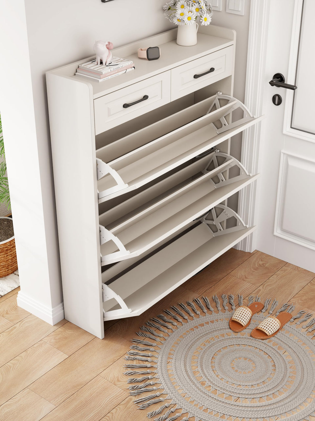 HANLIVES Hidden Shoe Cabinet for Entryway,Narrow Entry Shoe Storage Cabinet with Drawer,White Flip Down Shoe Rack Wood 4 Tier Slim Shoe Storage Organizer for Hallway,Apartment HANLIVES