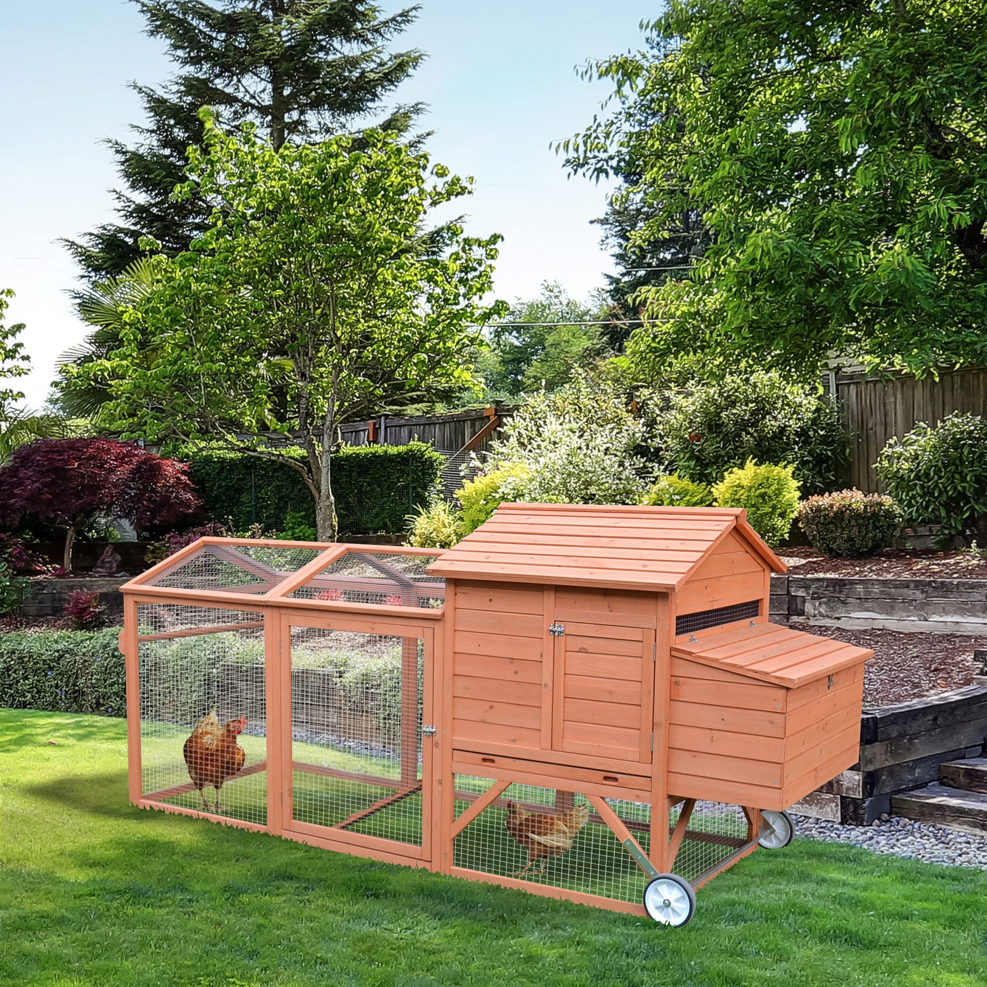 PawHut 96.5" Chicken Coop Wooden Hen House Poultry Cage Pen Portable with Wheels and Nesting Box, Chicken Cage for Backyard Outdoor, Natural - WoodArtSupply