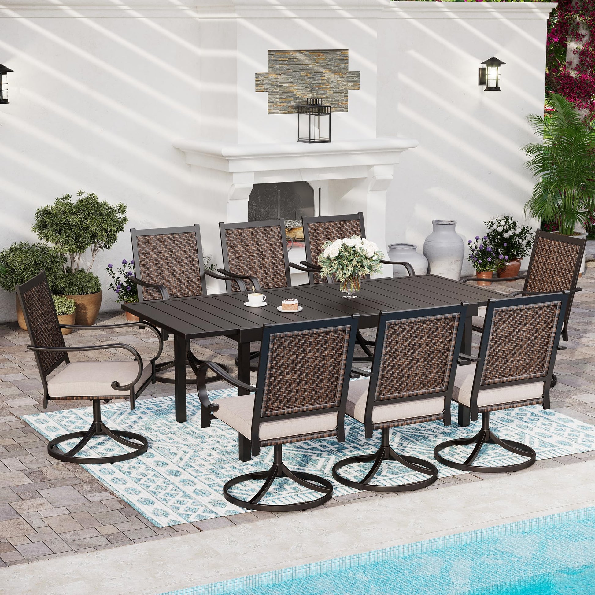 SUNSHINE VALLEY 9 Piece Wicker Patio Dining Sets, Outdoor Dining Sets for 8, 1 Expandable Metal Patio Table & 8 Swivel Patio Chairs with Cushion All Weather Outdoor Table and Chair Sets for B - WoodArtSupply