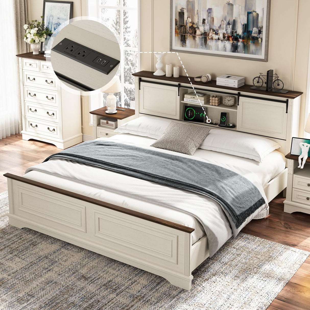 BLANKSPACE Farmhouse King Size Bed Frame with Storage Headboard, Charging Station, Bracket Footboard, Antique White Bed Frame with Bookcase and Sliding Barn Doors, Noiseless BLANKSPACE