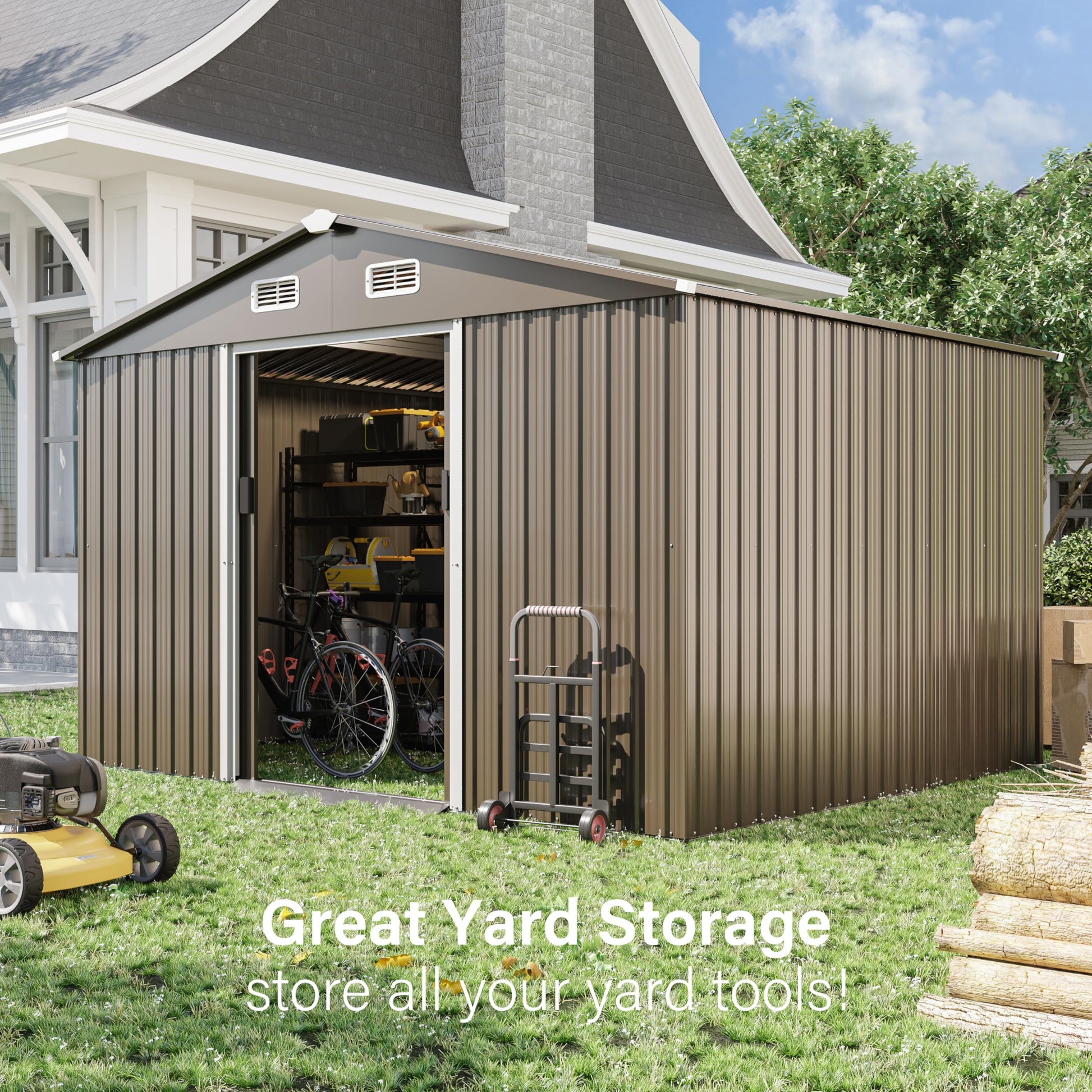 RTDTD 10FT x 8FT Outdoor Storage Shed, Waterproof, Lockable Door Metal Tool Shed with Sliding Door and Air Vents, Storage House for Gardening Tools, Metal Storage Shed for Garden, Backyard, L - WoodArtSupply