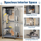 4 Tier Wood Catio Outdoor Window Cat Enclosure, Cat House On Wheels with Scratch Post, Resting Box, 4 Platforms, 2 Sliding Doors & Weatherproof Roof, Cats Kitty Condo Cage Shelter Playpen CuisinSmart