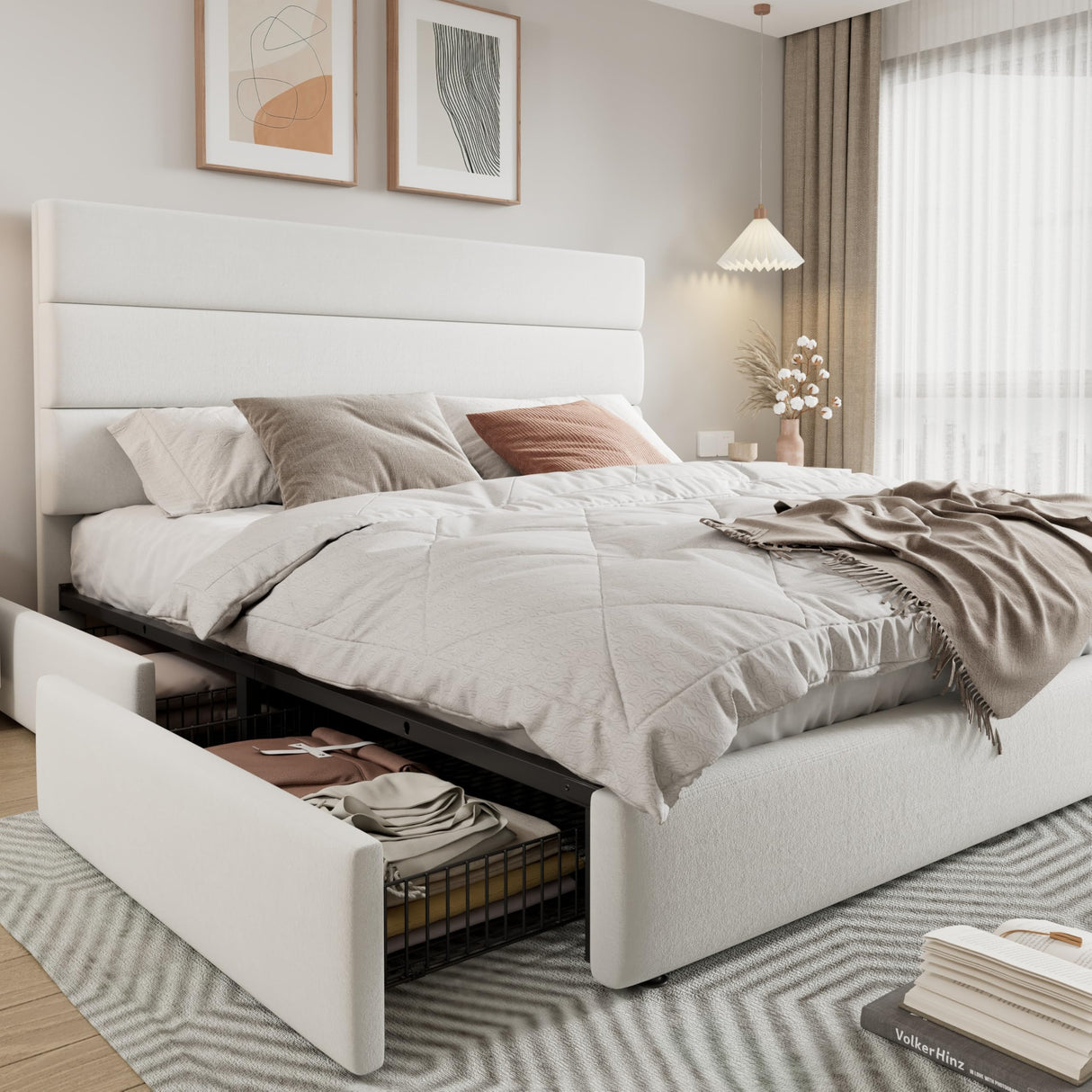 Allewie Modern King Size Platform Bed Frame with 4 Storage Drawers and Velvet Upholstered Headboard, Wooden Slats Support, Upholstered Mattress Foundation/No Box Spring Needed/Easy Assembly, White Allewie