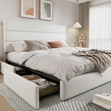 Allewie Modern King Size Platform Bed Frame with 4 Storage Drawers and Velvet Upholstered Headboard, Wooden Slats Support, Upholstered Mattress Foundation/No Box Spring Needed/Easy Assembly, White Allewie