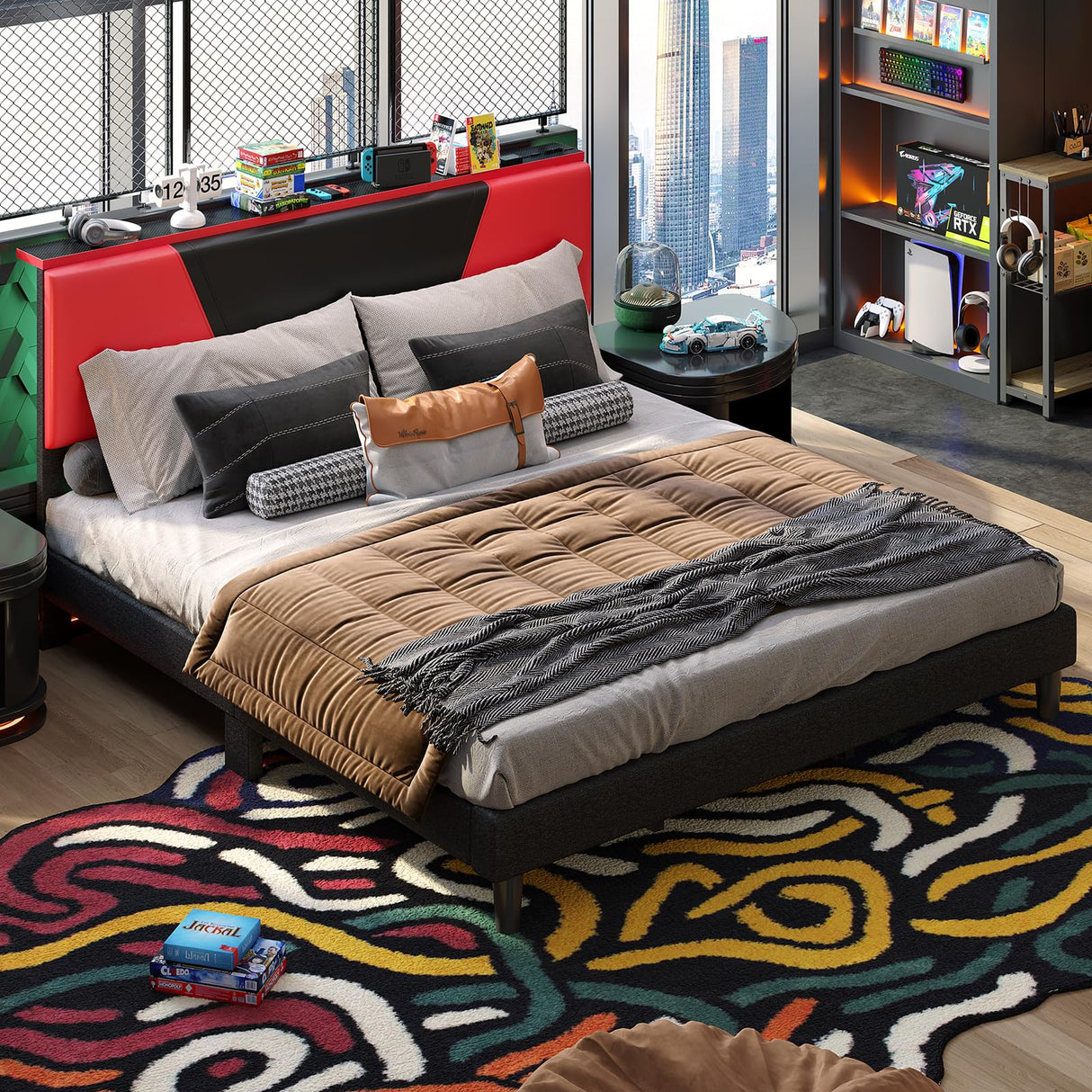 Bestier King Bed Frame with Headboard and LED Light, Faux Leather Upholstered Platform Bed with Storage Shelf, Gaming Style Bed Base, Wood Slat Support, Never Squeaks, No Box Spring(Black-Red) Bestier