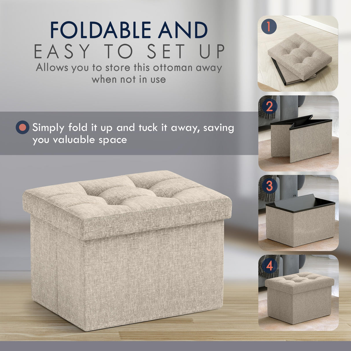 Ornavo Home Small Storage Ottoman Foldable Collapsible Rectangle Linen Ottoman Foot Rest Stool Seat, for Living Room, Bedroom, Home Office, Dorm - 12 x 16 x 12, Beige Ornavo Home