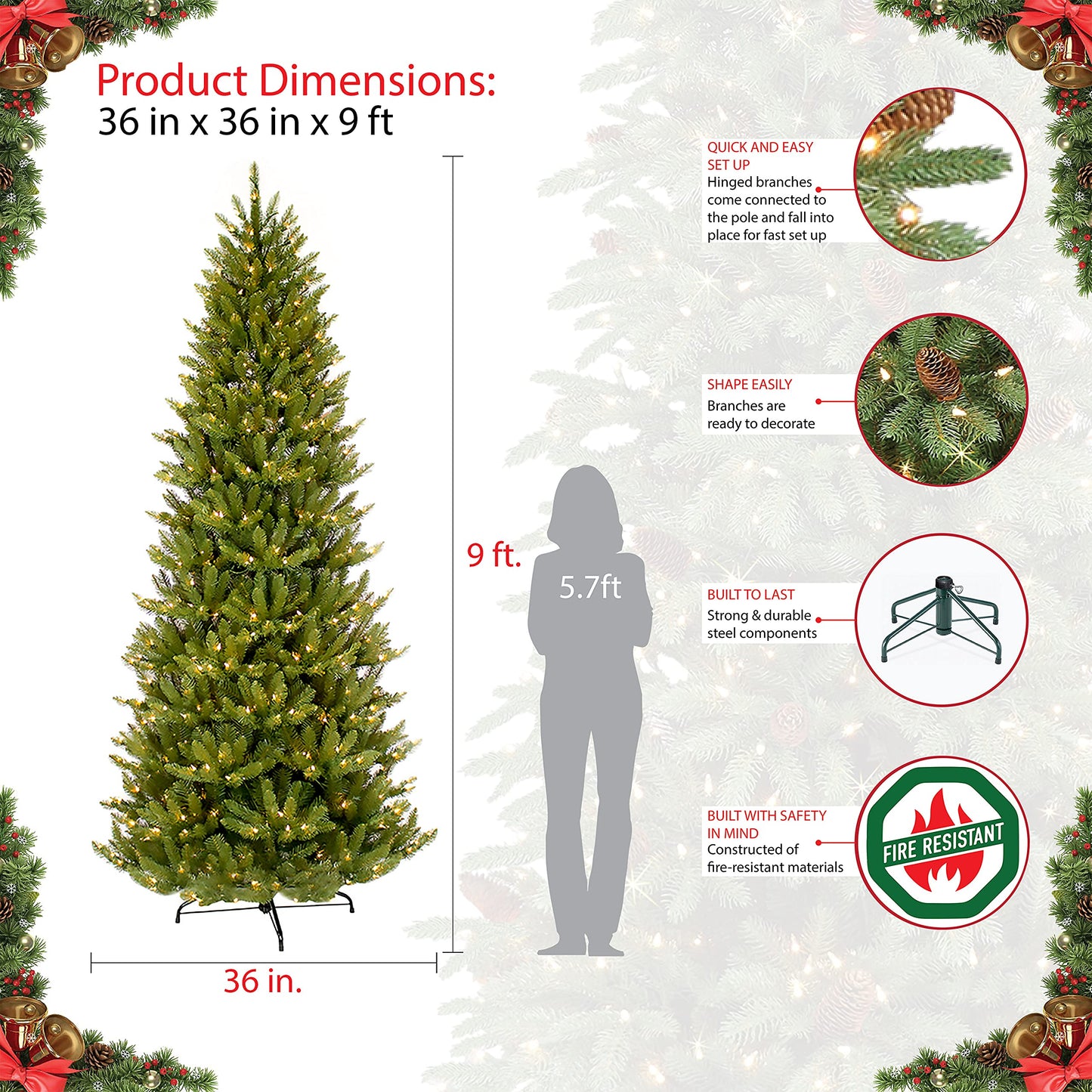 Puleo International 9 Foot Pre-Lit Fraser Fir Pencil Artificial Christmas Tree with 550 UL Clear Lights, Green