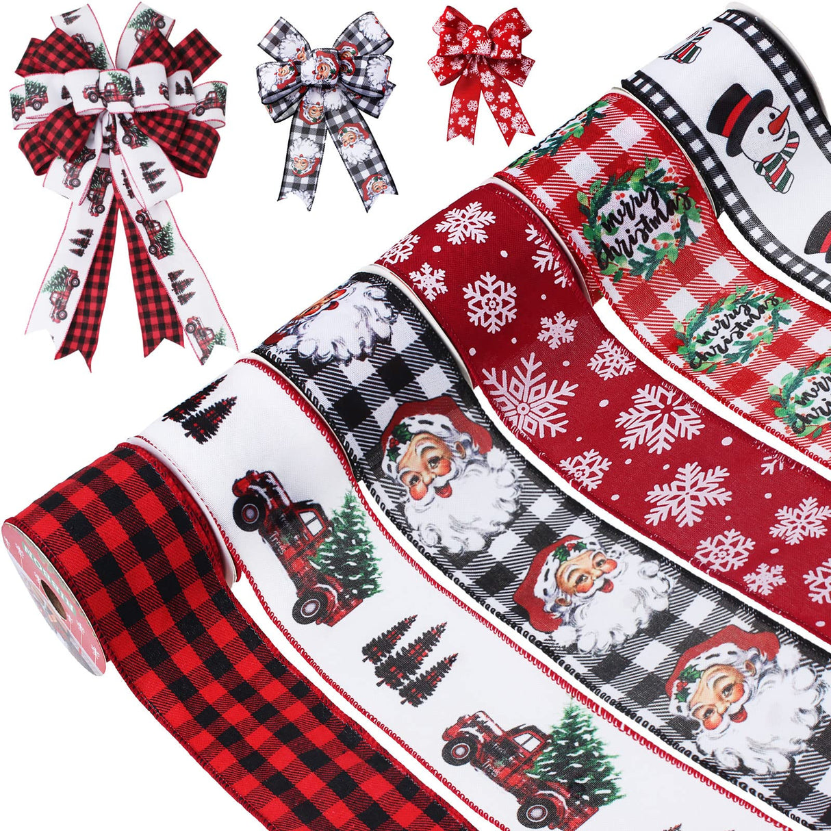 Vloso Christmas Ribbon Wired 2.5 Inch,6 Roll 30 Yards Christmas Wired Ribbon,Incl. Santa/Snowman/Snowflake/Buffalo Plaid Ribbon for Wreaths Bows Holiday Xmas Decor DIY Crafts Vloso