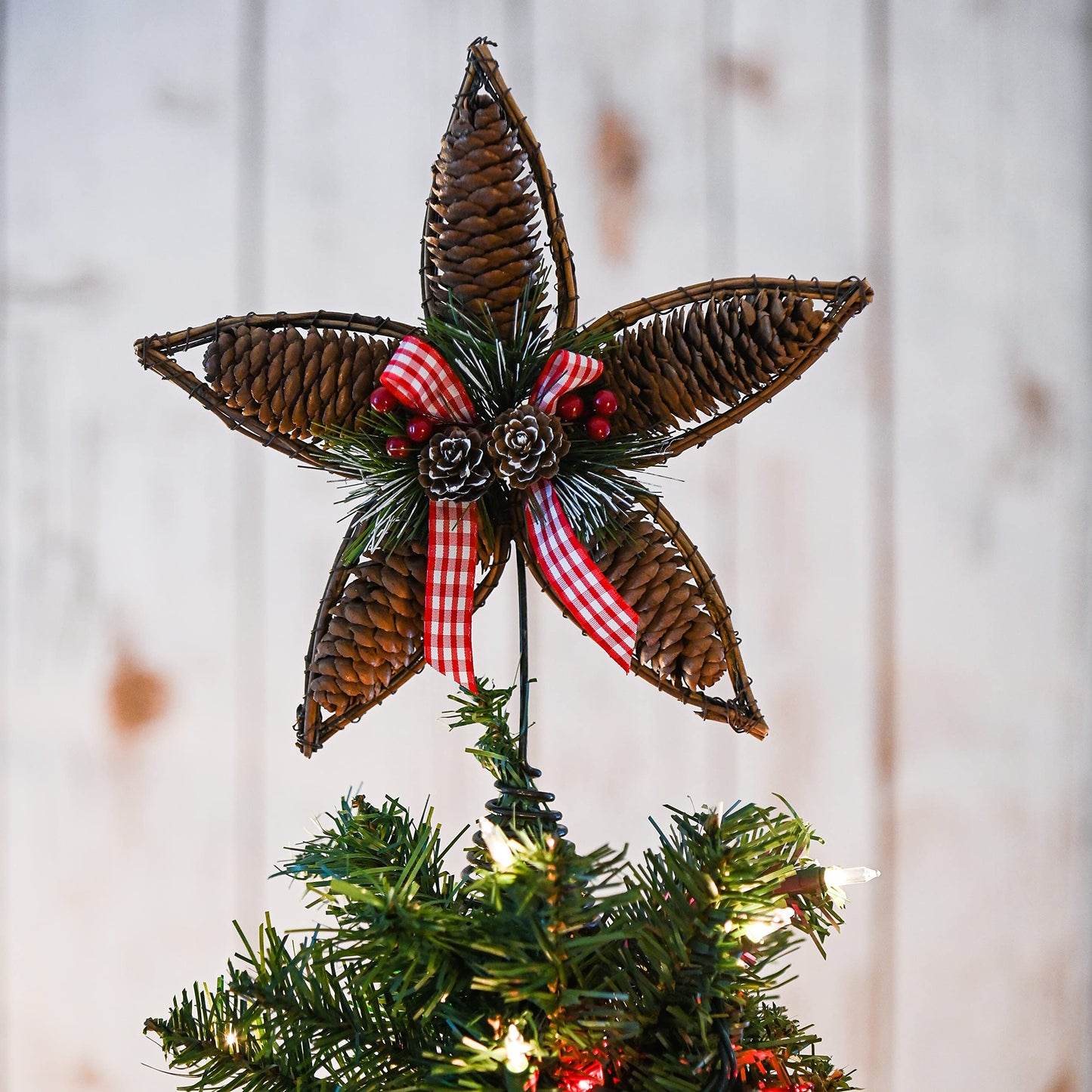 Ornativity Rattan Star Tree Topper - Christmas Rustic Acorn Pine Cone Tree Topper with Holly and Berry Decor Holiday Xmas Trees Top Decorations 11.5"