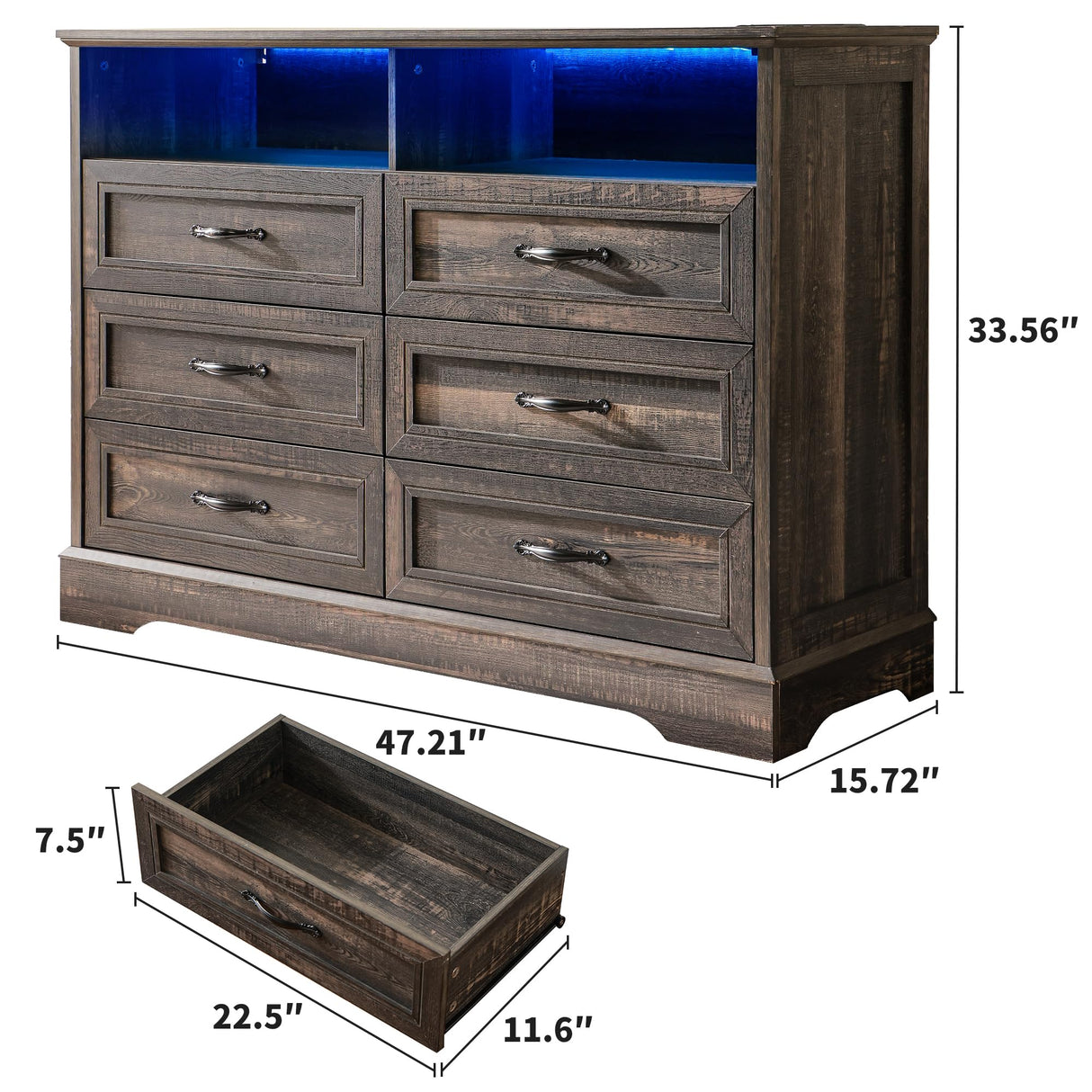 Homkdom Dressers for Bedroom,6 Drawers Dresser with LED Light,Power Outlets and Open Shelves,Chests of Drawers for 65 inch TV, for Hallway, Entryway, Dark Rustic Oak Homkdom
