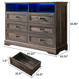 Homkdom Dressers for Bedroom,6 Drawers Dresser with LED Light,Power Outlets and Open Shelves,Chests of Drawers for 65 inch TV, for Hallway, Entryway, Dark Rustic Oak Homkdom