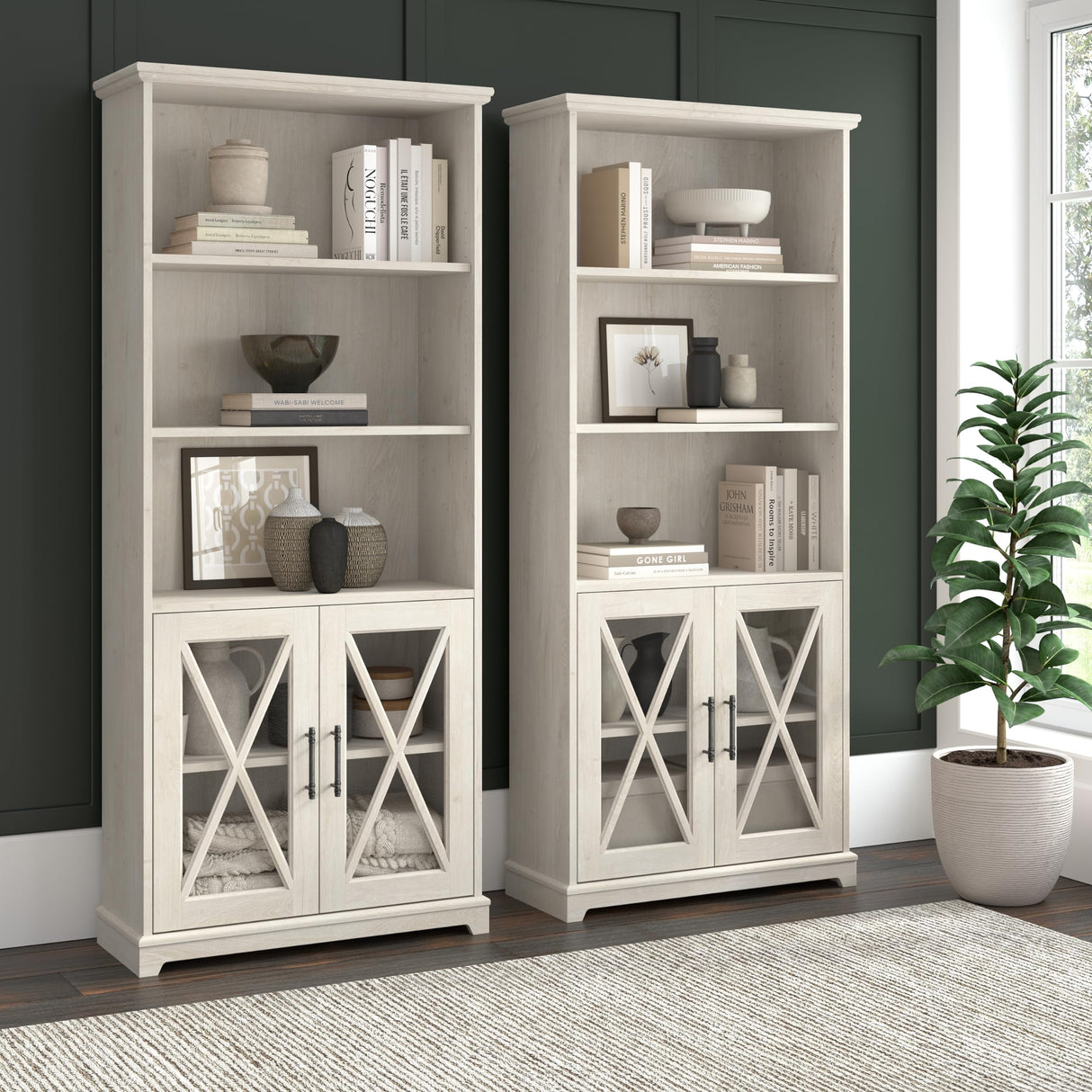 Lennox Tall 5 Shelf Bookcase with Glass Doors in Linen White Oak - Stylish Farmhouse Storage Solution Bush Business Furniture