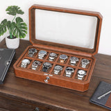 ROTHWELL 12 Slot Leather Watch Box - Luxury Watch Case Display Organizer, Microsuede Liner, Locking Mens Jewelry Watches Holder, Men's Storage Boxes Holder Large Glass Top (Tan/Brown) ROTHWELL