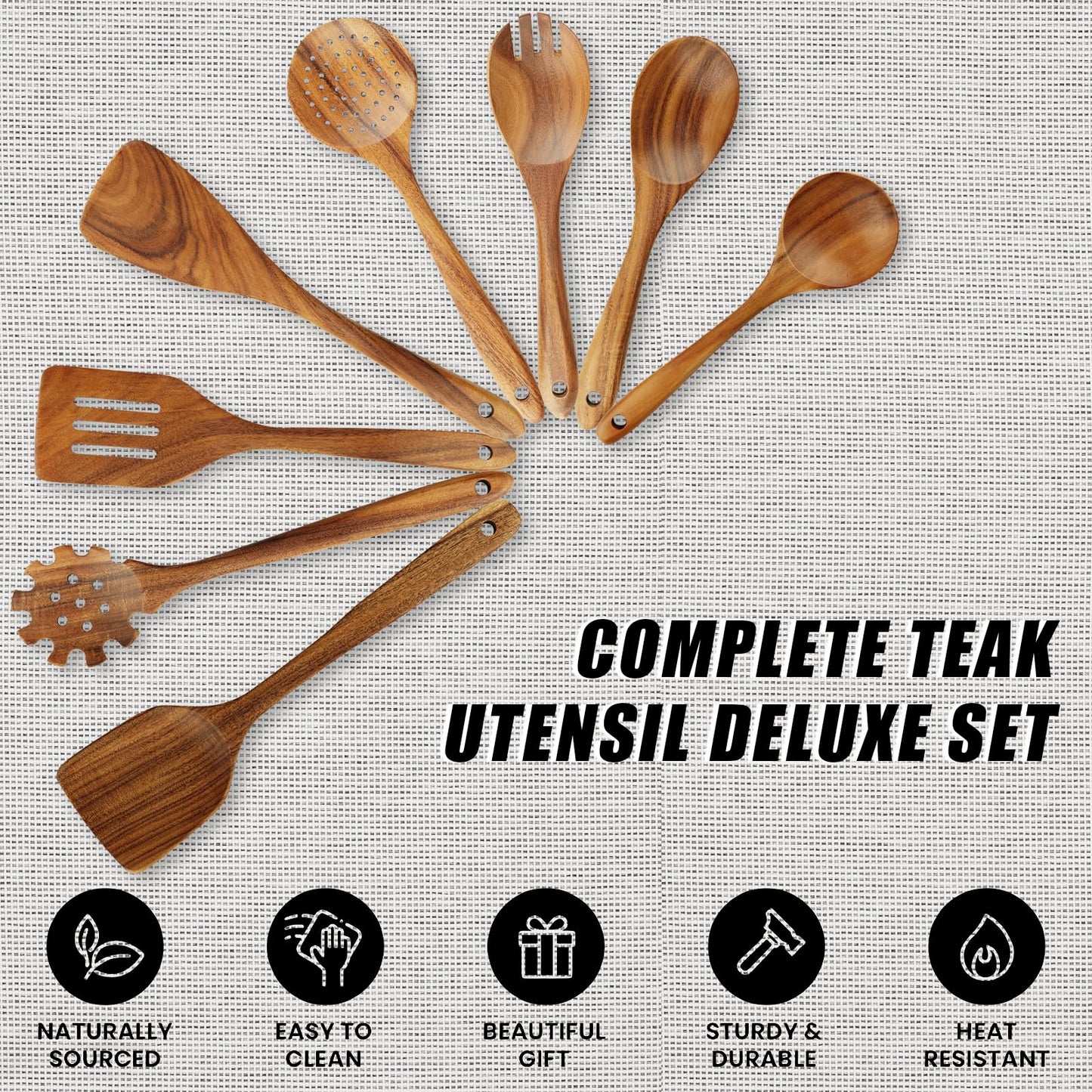 FJNATINH Wooden Spoons for Cooking, 10 Pcs Teak Wooden Cooking Utensil Set with Holder, Wooden Kitchen Utensils Set for Nonstick Pans & Cookware