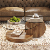 35.4" Glass Coffee Table, Small Round Coffee Table, 2-Tier Tempered Glass Tabletop with Wooden Base, Modern Center Table for Living Room, Home, Apartment, Ideal for Small Space CTPNMCIN