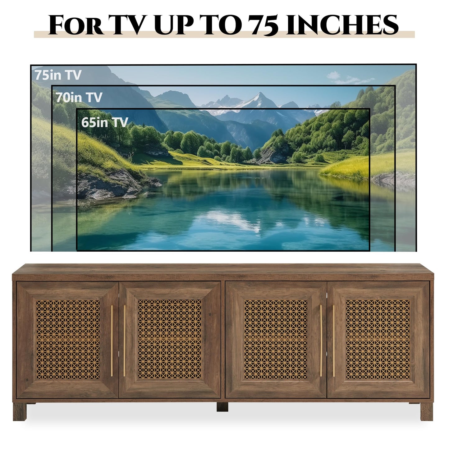 JYED Mid Century Modern TV Stand for TVs up to 75 Inch, with Hollow Metal Mesh Decorated，Boho TV Console with Storage Cabinet,Cable Holes, TV Stand for Living Room, 69.5"x15.6"x24.8", Rustic - WoodArtSupply