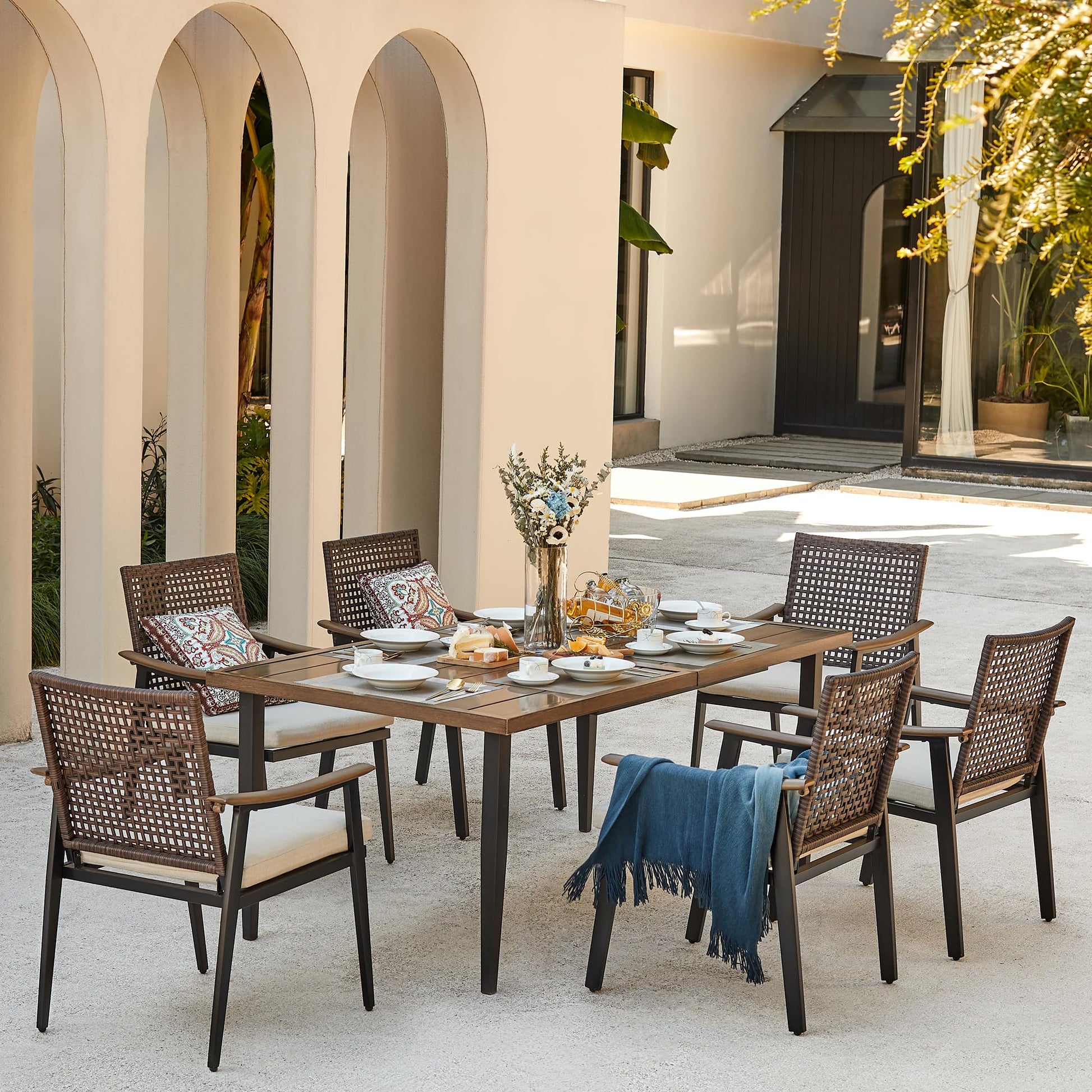 NATURAL EXPRESSIONS 7 Piece Patio Dining Table Outdoor Furniture Set, 6 Rattan Wicker Chairs with Cushions and 70” Large Dining Table with 1.65'' Umbrella Hole for Patio, Garden, Porch, Pool  - WoodArtSupply